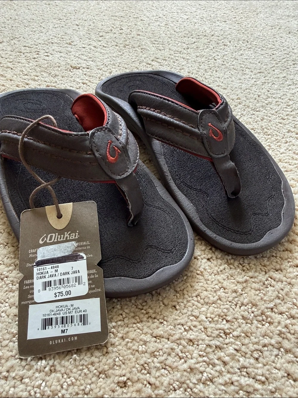 OluKai Hokua Dark Brown Flip Flops with Red Trim - Men’s 7